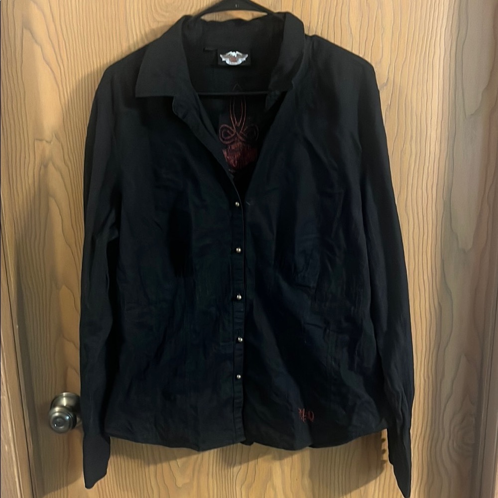 Harley-Davidson Women’s Black Embroidered Button Up Motorcycle Shirt‎ Large